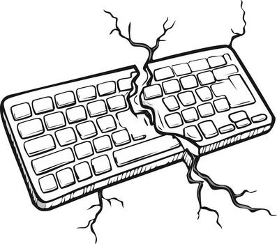Cracked computer keyboard split in half representing digital breakdown and tech issues vector