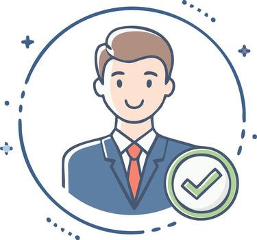 Smiling businessman with checkmark icon in a stylized circle vector