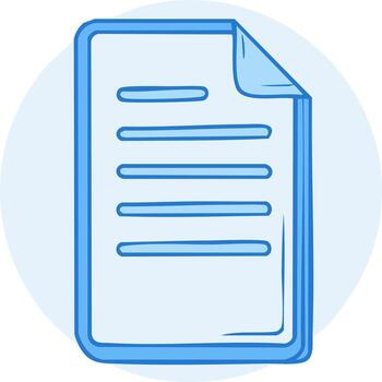 Doodle style document with folded corner depicting a page with lines in blue hues against a circular light blue backdrop vector