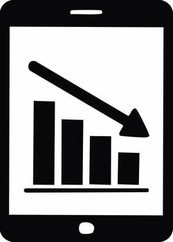 Digital tablet displaying a downward trending bar chart and arrow icon symbolizing financial loss or decline vector