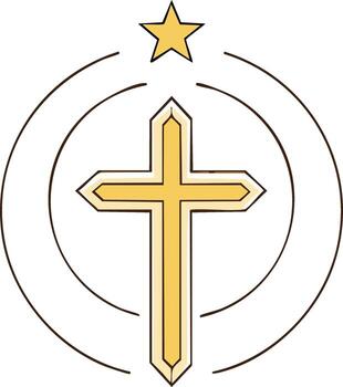 Christian cross symbol with a star above and radiating circles design vector