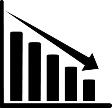 Declining bar chart with arrow pointing down depicts business loss, failure, negative trends vector