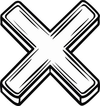 Bold outlined dimensional cross symbol mark error sign black and white simple flat 3d style vector