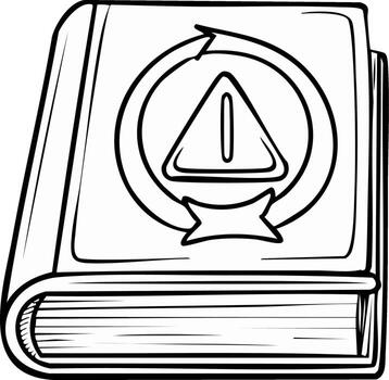Sketch of a book with a circular arrow surrounding an exclamation mark warning symbol vector