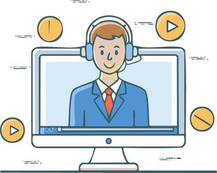 Man wearing headset on a computer screen. Online support or assistance concept vector