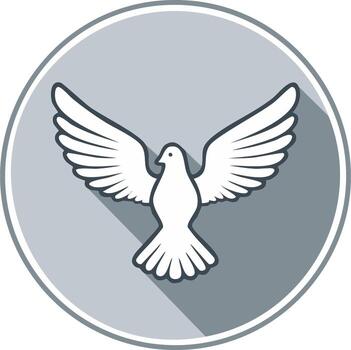 Symbolic flying dove icon with outstretched wings in circle design on gray backdrop vector