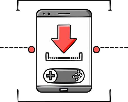 Smartphone displaying download progress bar and game controller icons for mobile gaming vector