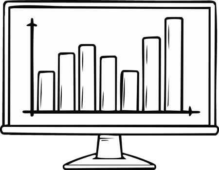 Hand drawn doodle of a computer monitor with a rising bar chart, symbolizing business growth and data analysis vector