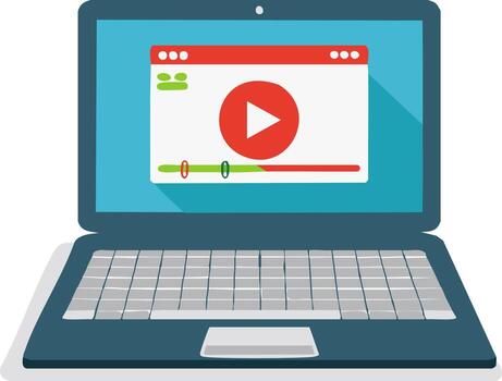 abierto ordenador portátil computadora mostrando un transmisión solicitud con jugar botón para entretenimiento y educativo propósitos vector