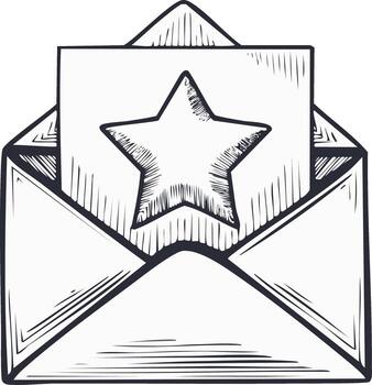 mano dibujado bosquejo de un abierto sobre con un estrella letra especial mensaje invitación o realimentación icono vector