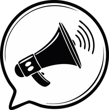 Black megaphone icon broadcasting sound waves within a speech bubble symbol for clear communication vector