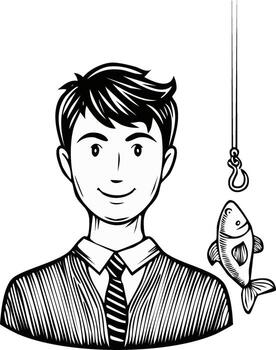 Smiling businessman with a fish on a hook representing business strategy or an enticing offer vector
