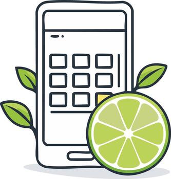 Smartphone Displaying App Keyboard with Lime Slice, Fresh Green Leaves, Organic Application Concept vector