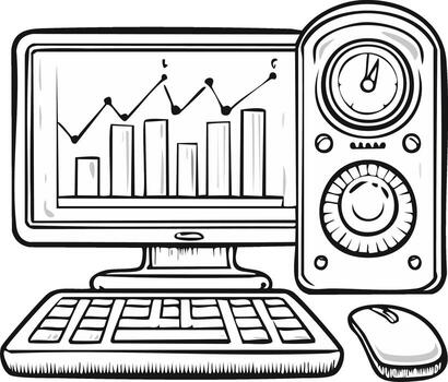 Desktop computer showing business data graphs, accompanied by keyboard, mouse, and control panel device vector