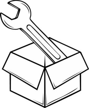 Line art illustration of a wrench resting inside of a cardboard box with flaps open vector