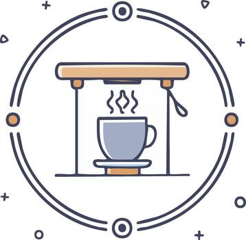 Hand drawn icon of a coffee machine brewing a steaming cup of espresso in a circle frame vector