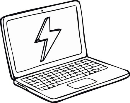 Hand drawn outline illustration of a laptop computer with a lightning bolt symbol displayed on its screen showing power vector