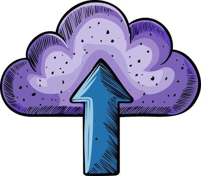 Stylized Illustration of a Purple Cloud with an Upward Pointing Arrow Indicating Data Upload vector