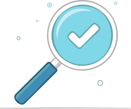 Verification and approval with a magnifying glass icon featuring a checkmark symbol in a clean blue design vector