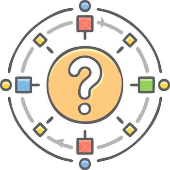 Circular flow chart with arrows and colorful shapes around a question mark in the center vector