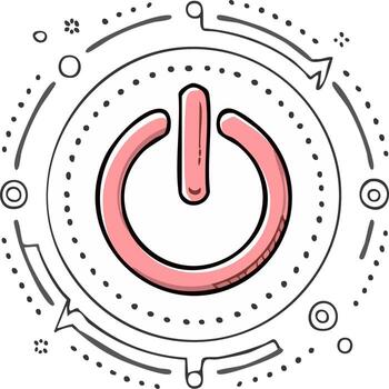 Hand drawn pink power button icon sketch with circular tech elements for start and activation vector