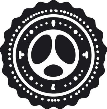 Black and white abstract round seal with a scalloped edge and geometric pattern vector