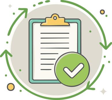 Clipboard with checklist and checkmark inside a circular arrow cycle, representing completion and workflow vector