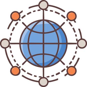 Global network connectivity illustration with orbiting nodes and dashed lines vector