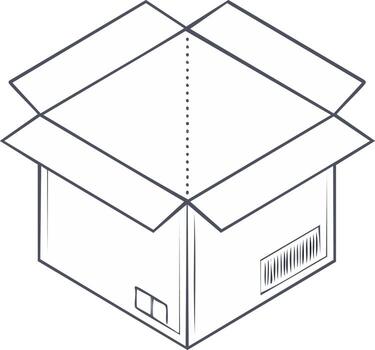 Open cardboard shipping box with barcode in isometric outline for delivery and logistics vector