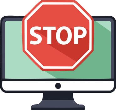 Digital stop sign appears on a monitor screen representing a block, warning, or security alert vector