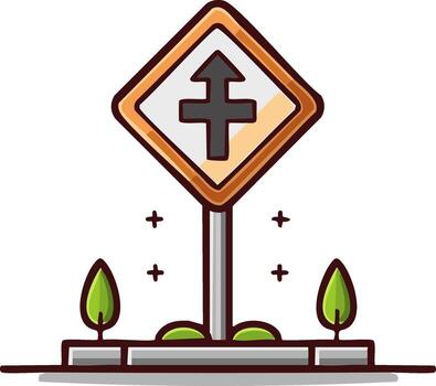 illustration of a crossroad traffic sign showing a straight and intersecting path ahead with small trees vector