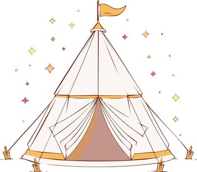 Whimsical illustration of a magical glamping tent with a flag and floating sparkles vector