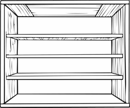 Empty open wooden shelving unit with four levels showcasing a simple outline drawing vector