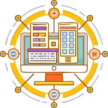 web desarrollo y ui ux diseño concepto con un computadora monitor y resumen datos red nodos vector