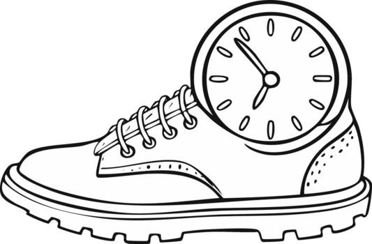 Line art illustration of a shoe with a clock face, concept of time, punctual vector