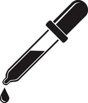 Black and white illustration of a pipette with a single drop of liquid falling down for use in science or medicine vector