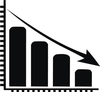 Descending bar graph icon with downward arrow, decline in sales or profits, loss chart, bad investment vector