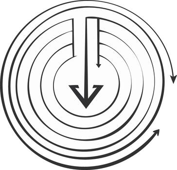Circular maze with descending and swirling arrows symbolizing direction and progress vector
