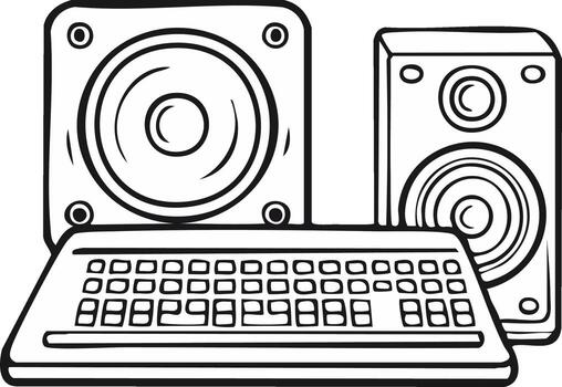 mano dibujado ilustración de un retro computadora teclado y audio sonido Altavoces vector
