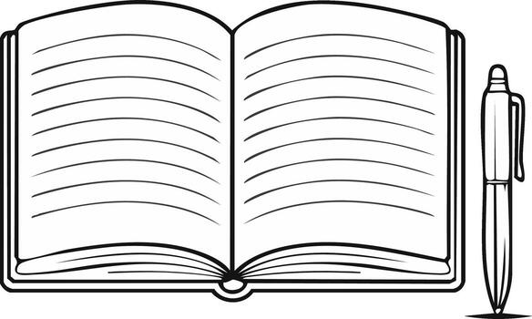 line art illustration of a blank open notebook with lined pages and a pen vector