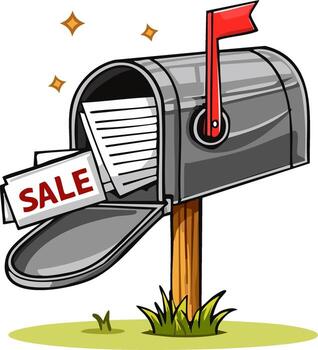 Sparkling cartoon mailbox open with 'SALE' letter and full of incoming mail, red flag raised vector