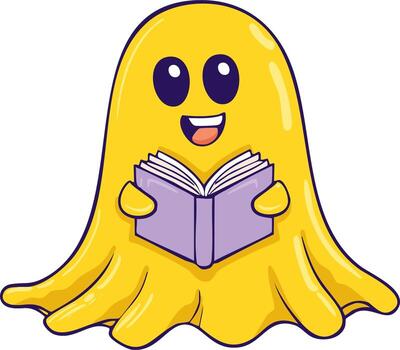 Smiling Yellow Blob Monster Character Reading an Open Book vector
