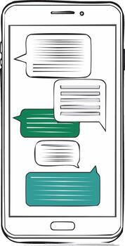 Doodle style smartphone displaying a chat conversation with multiple speech bubbles vector
