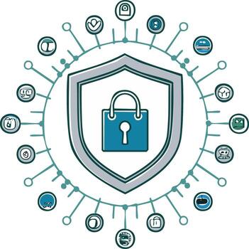 Network Security Shield with Padlock Icon Protecting Connected Data Symbols vector