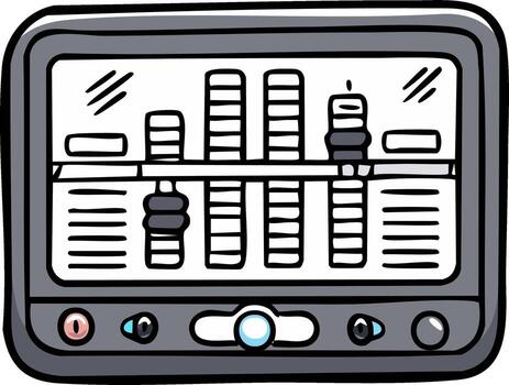 Cartoon audio equalizer with slider bars, buttons, digital device, volume and signal control for sound studio equipment vector