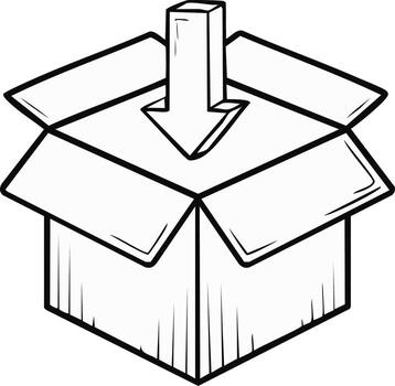 Delivery concept open cardboard box with down arrow symbol line art illustration download upload vector