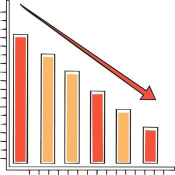 Hand drawn bar chart illustration showing business decline with a downward red arrow vector