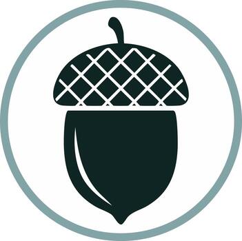 Simple acorn silhouette graphic with a crosshatch cap inside a round border vector