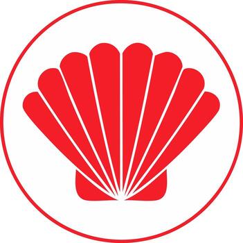 Stylized red scallop shell in a circle, icon for web, travel or pilgrimage concept emblem, summer nautical motif vector