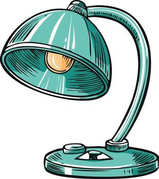 Stylish Teal Table Lamp with Bulb Emitting a Warm Light in an Engraved Style vector